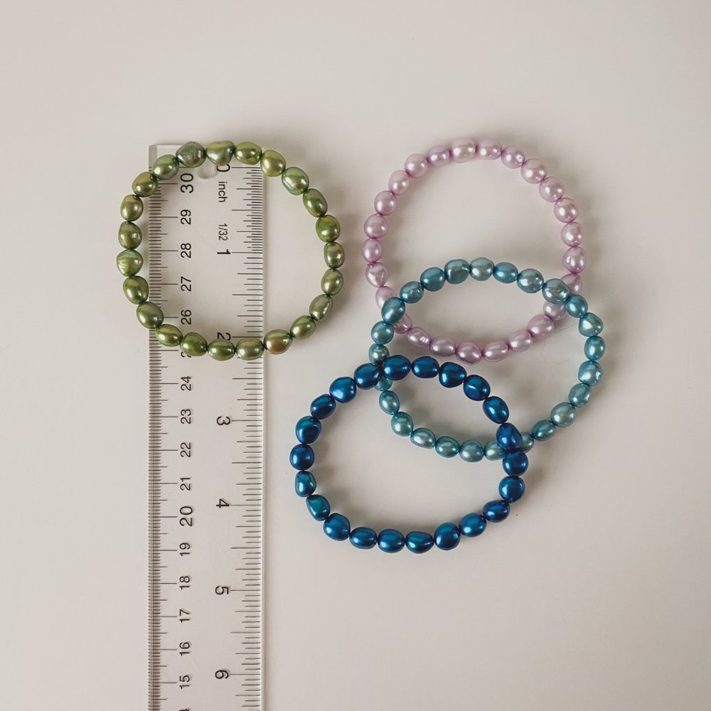 Natural Freshwater Pearl Dyed Blue Green Purple Set of Four Stretch Bracelets - Picture 10 of 10